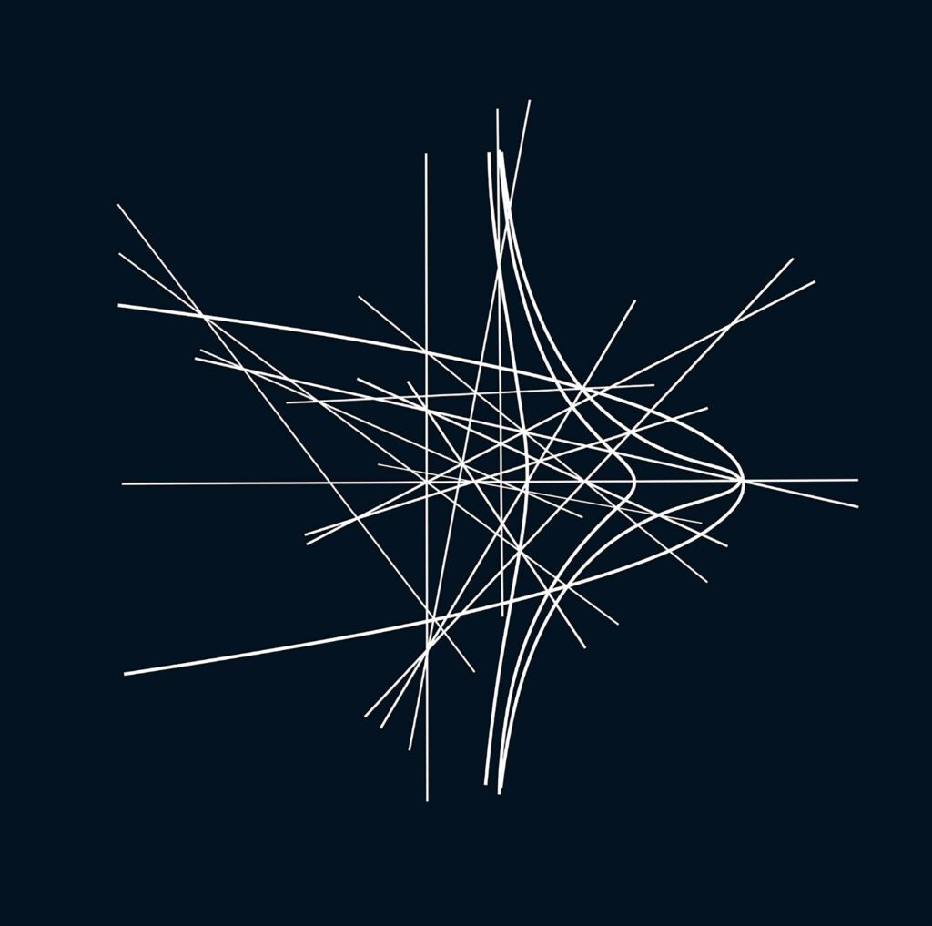 White intersecting curves and tangents on dark blue